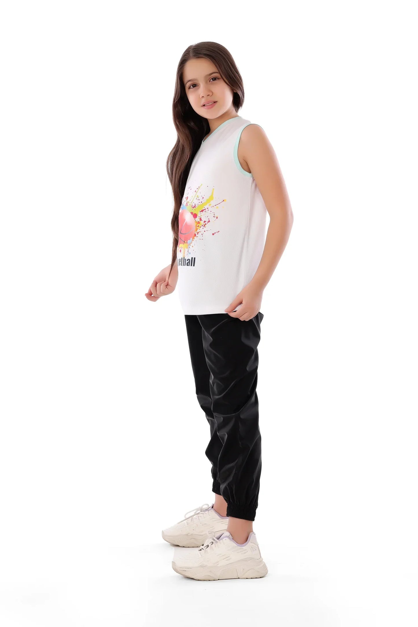 Girls White Splash Basketball Graphic Tank – Sporty Sleeveless T-Shirt