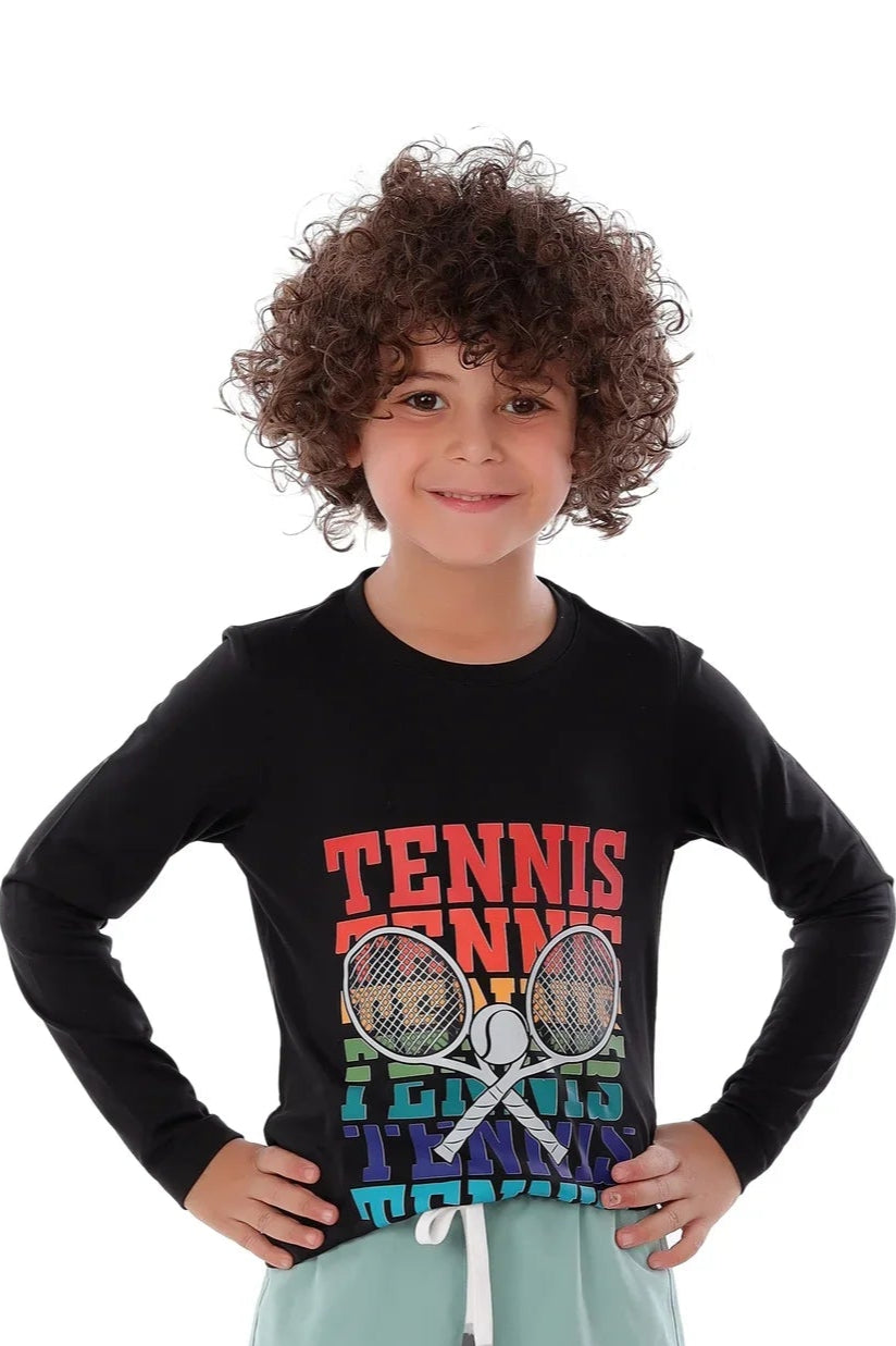Boys Black Tennis Long Sleeve T-Shirt – Sporty Top