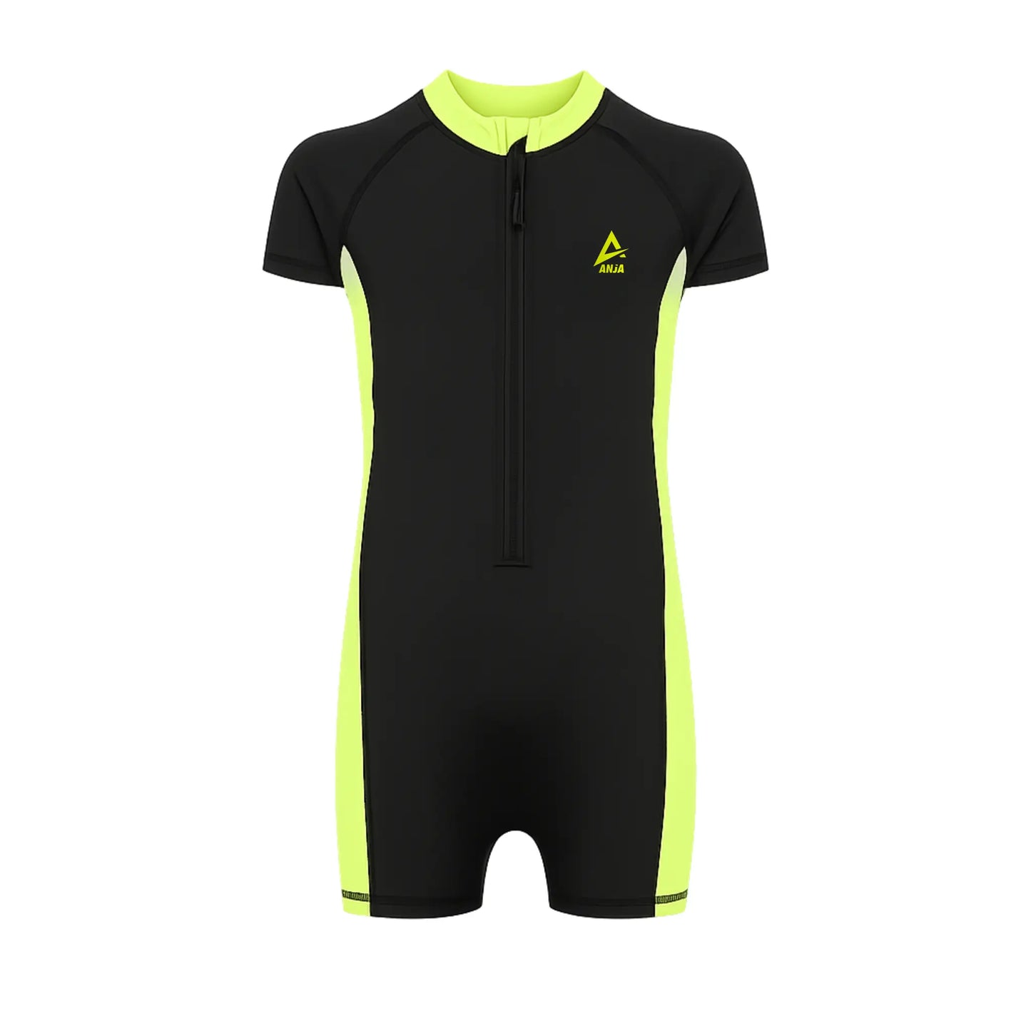 Boys Short Sleeve One-Piece Swimsuit – Black with Neon Yellow Side Panels and Front Zip